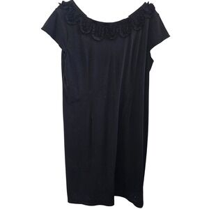 AA Studio Black Ruffle Neck Shift Dress Short Sleeve Scoop Neck Mini Dress